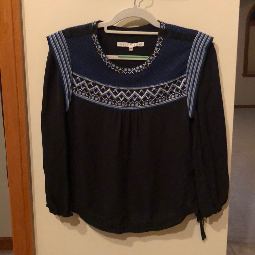 Veronica Beard Silk Navy Embroidered Blouse